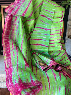 Shibori Sarees/ Chanderi silk cotton saree with blouse / Hand Block printed Shibori Chanderi /Saree for Women / Gift for Mum /Green Fuschia