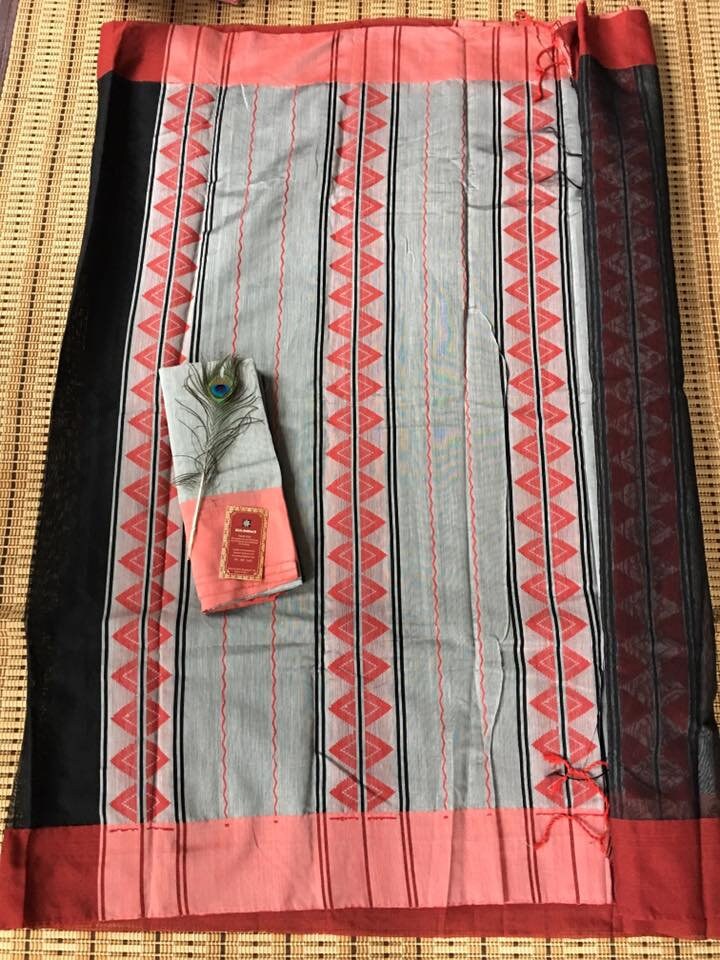 Classic Grey Red Handloom Saree | Partly Pallu Saree | Semi Woven Sarees | Indian Classic sari | Ecoembrace Saree Bazaar | Same day Shipping
