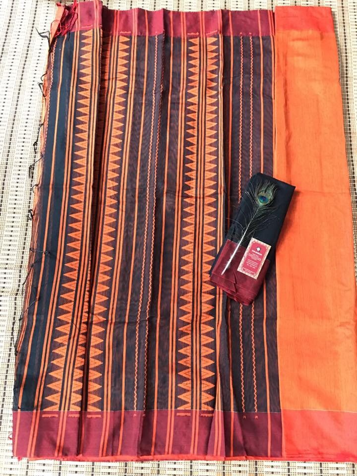 Vibrant Black and Orange Handloom Saree | Partly Pallu Saree | Semi Woven Sarees | Indian Classic sari | Same day Shipping