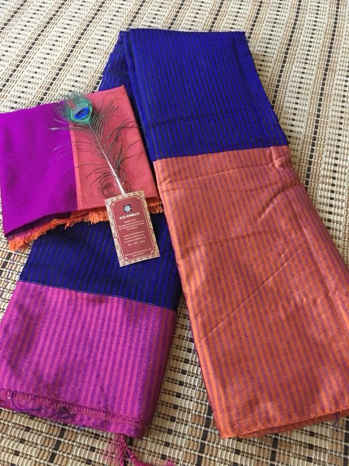 Glassy Blue Jute Cotton Handloom Saree | Broad Boarder Sarees | Eco Woven Sarees | Indian Classic sari | Same day Shipping