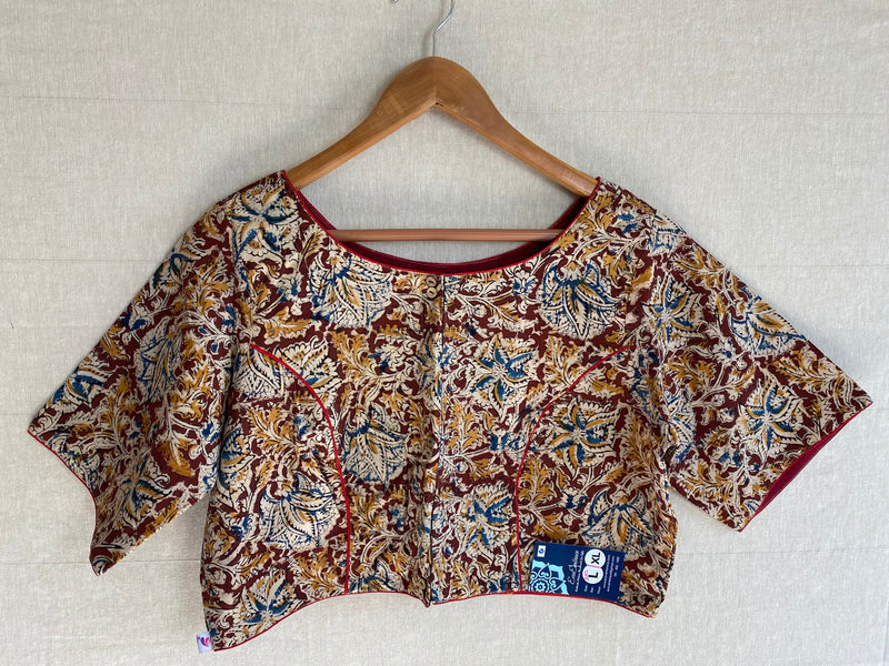 Mayili Kalamkari Crop Top Blouses|Designer Blouses|Sari gift for modern ethnic women|Comfort in Cotton| Natural brown floral design in s-xl