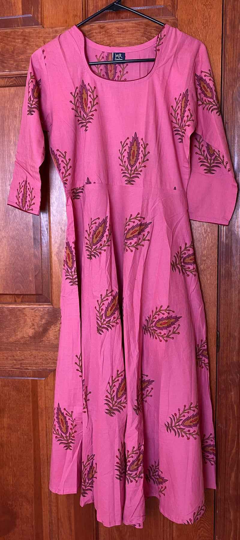 Pink Long Gown Hand BlockPrint cotton Kurtis | Long Cotton Kurtis for women |Indian tunics| Collar Kurtis| Same Day Shipping | size XS(36”)