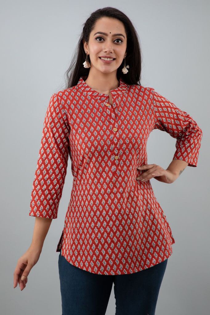 Red long sleeveTunics  | Cotton Print Shirts for women | Short Kurtis | Cotton Kurtis | Women’s Shirts | Cotton Blouse | Cotton print tunics
