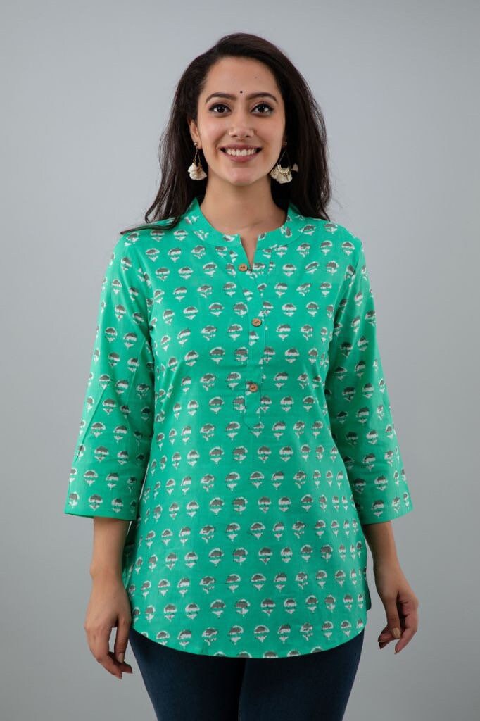 Sea green Tunic shirt| Cotton Print Shirts for women | Short Kurtis | Cotton Kurtis | Women’s Shirts | Cotton Blouse | Cotton print tunics