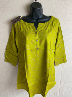 Olive Green Long sleeveTunics  | Rayon gold Print Shirts for women | Short Kurtis | cool Kurtis | Women’s Shirts | Rayon foil print tunics