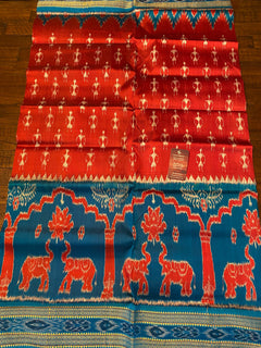 Cobalt Blue Royal Elephant border in tomato Red Khandua Paatu Ikat silk |Warli Tribal motifs | Genuine Odhisha handloom sarees |Gift for Her