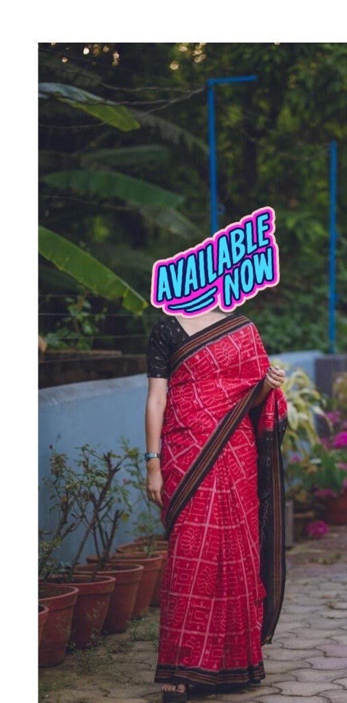 Exclusive Handwoven Ikkat tribal weave Cotton saree | Red black saree |Genuine Odhisha Ikkat Handlooms | Best Gift for Her| Mother's Day Gift