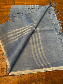 Denim Blue with Silver zari border Premium Linen Stole | Linen Duppatta |