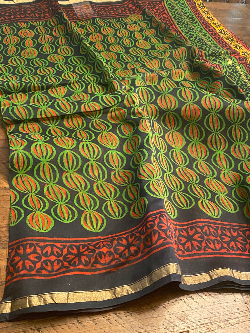 Green Black Spheres Chanderi silk cotton saree with blouse/ Chanderi Hand Block printed /Summer Saris  /Gifts for Her /saree lovers gift