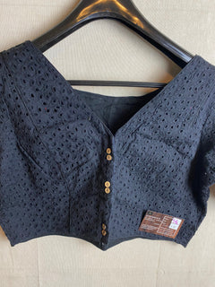 Black Hakoba V neck Saree Blouse / Cotton Hakoba Designer Blouse/ Sari Blouse for women/ Slight Puff Elbow sleeves blouses /Stitched Blouses