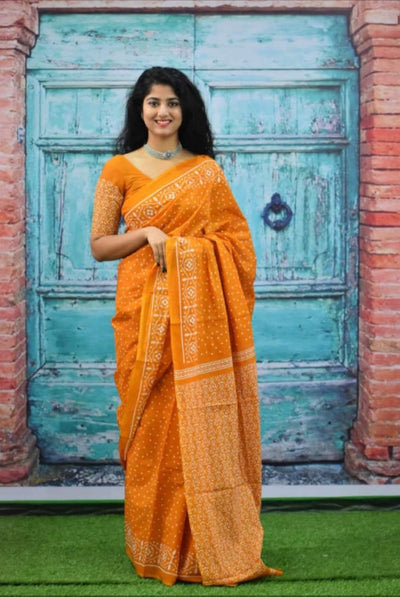 Beautiful orange block printed cotton saree with stitched blouse, Indian saree with fall pico & S/38