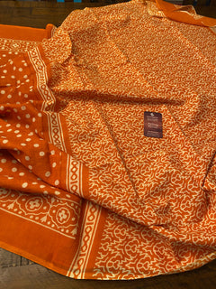 Beautiful orange block printed cotton saree with stitched blouse, Indian saree with fall pico & S/38" blouse, summer sarees, bagru saree