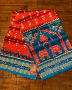 Cobalt Blue Royal Elephant border in tomato Red Khandua Paatu Ikat silk |Warli Tribal motifs | Genuine Odhisha handloom sarees |Gift for Her