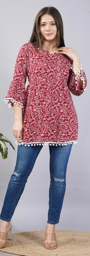 Red Floral  short Tunic  | Cotton Print Shirts for women | Cotton Kurtis with pompom| Women’s Shirts | Cotton Blouse | Cotton Tunics S-XL