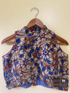 Mansi Mustard Kalamkari halter blouse, trendy modern saree tops, Floral blockprinted, sleeveless cotton crop top, cotton readymade blouse