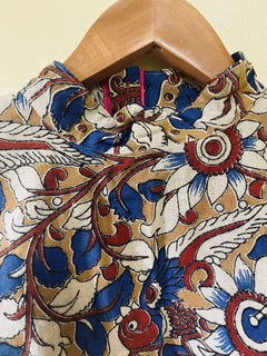 Mansi Mustard Kalamkari halter blouse, trendy modern saree tops, Floral blockprinted, sleeveless cotton crop top, cotton readymade blouse