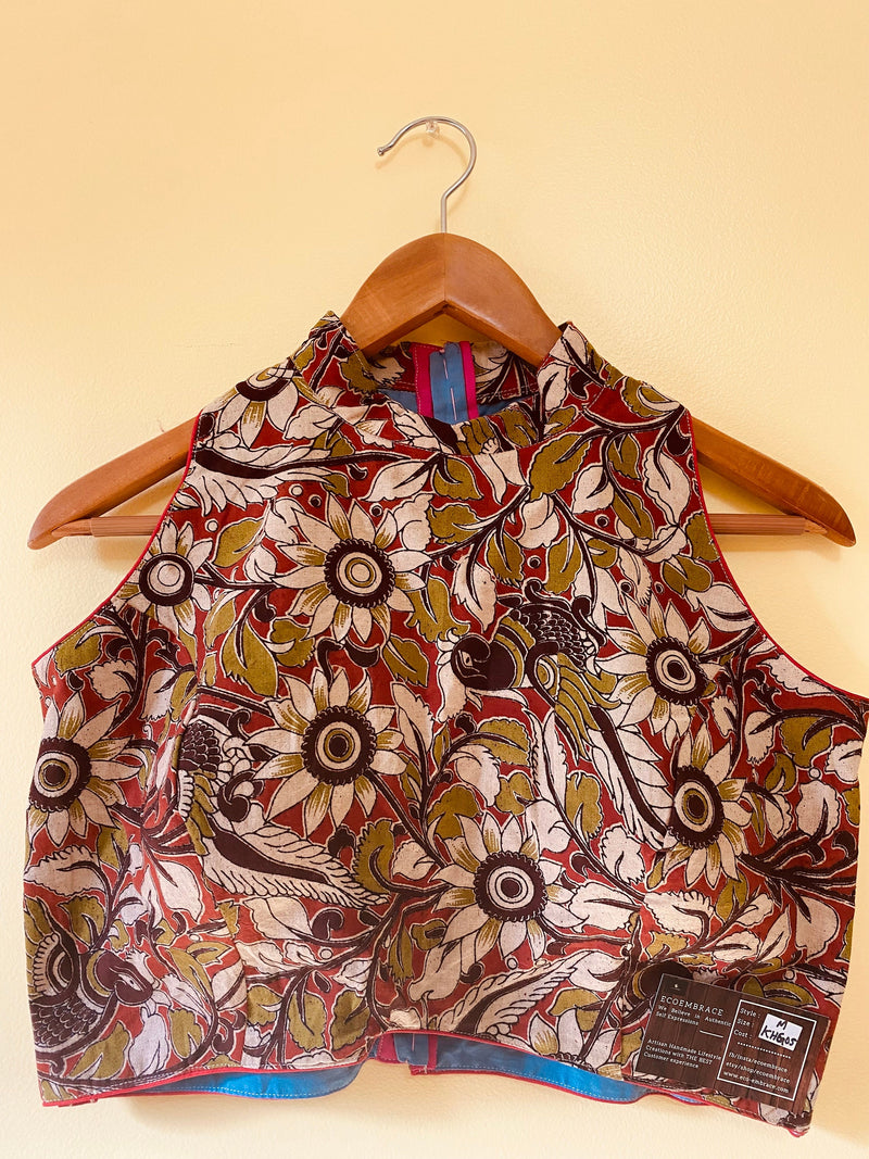 Mansi Henna Kalamkari halter sari blouse, trendy modern saree tops, Floral blockprinted, sleeveless cotton crop top, cotton readymade blouse