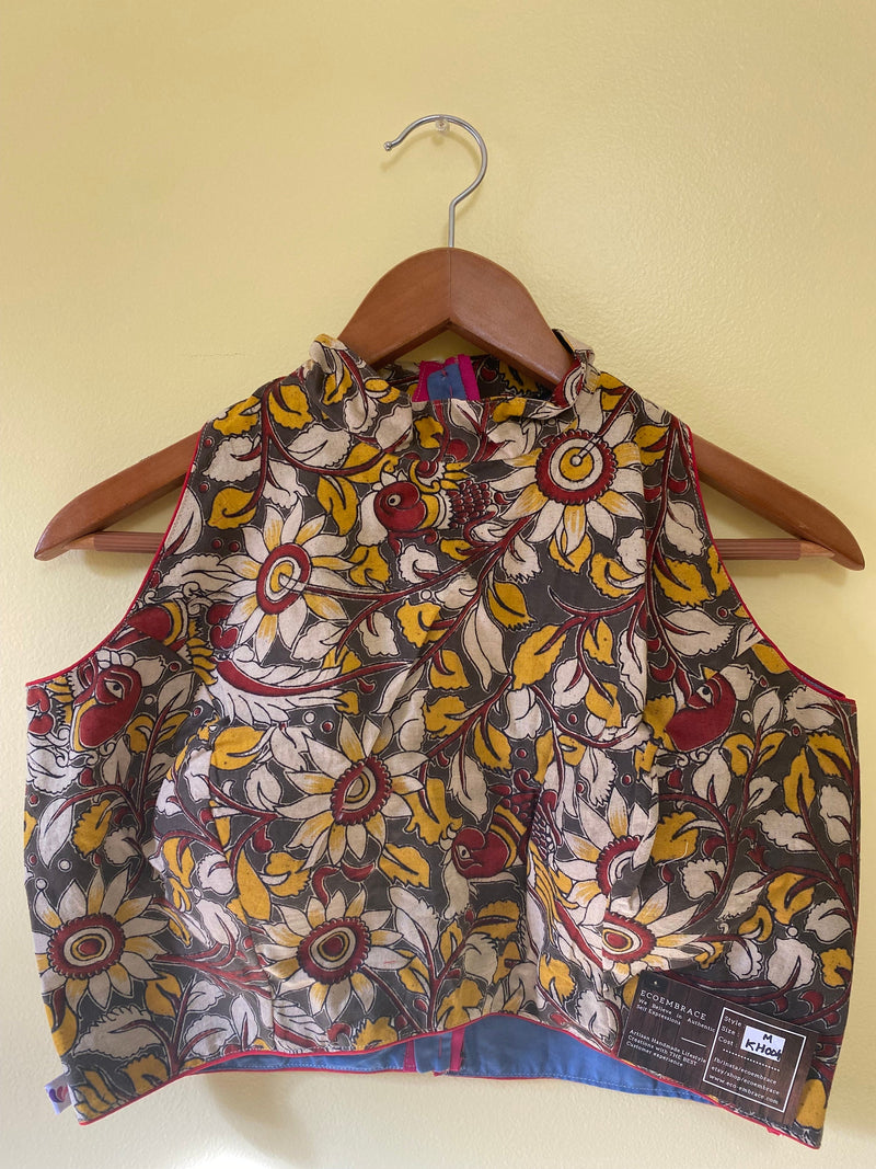 Mansi Yellow Kalamkari halter blouse, trendy modern saree tops, Floral blockprinted, sleeveless cotton crop top, cotton readymade blouse