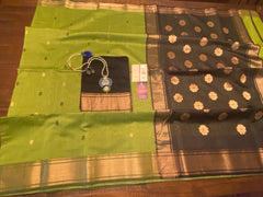 Mung green & black Maheshwari Handloom saree with matching handmade Terracotta jewelry set, handloom silk mark, fall pico done ready