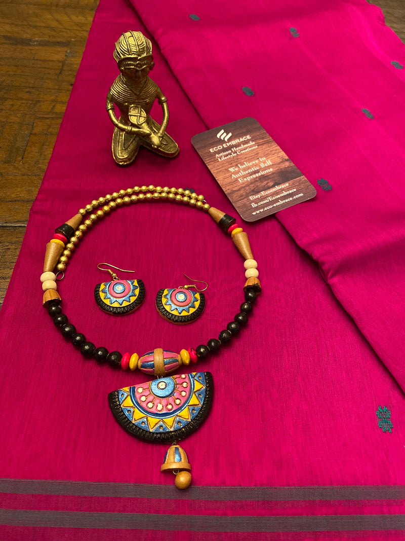Magenta and Grayblue chanderi handloom cotton saree with free matching handmade Terracotta jewelry set or Tibetan mosaic pendant jewelry
