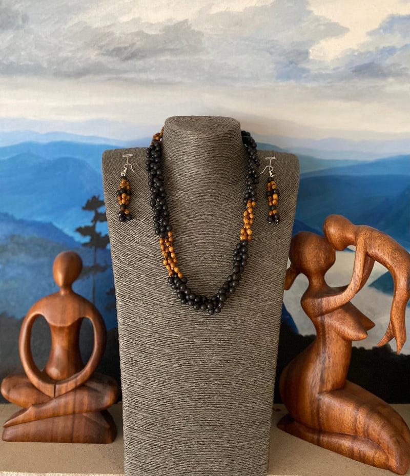 HANDMADE SEEDS NECKLACE - Choco Twisted Love, Wooden Beaded Necklace & Beaded Earrings, Organic Seed Necklace, Beaded Seed Necklace