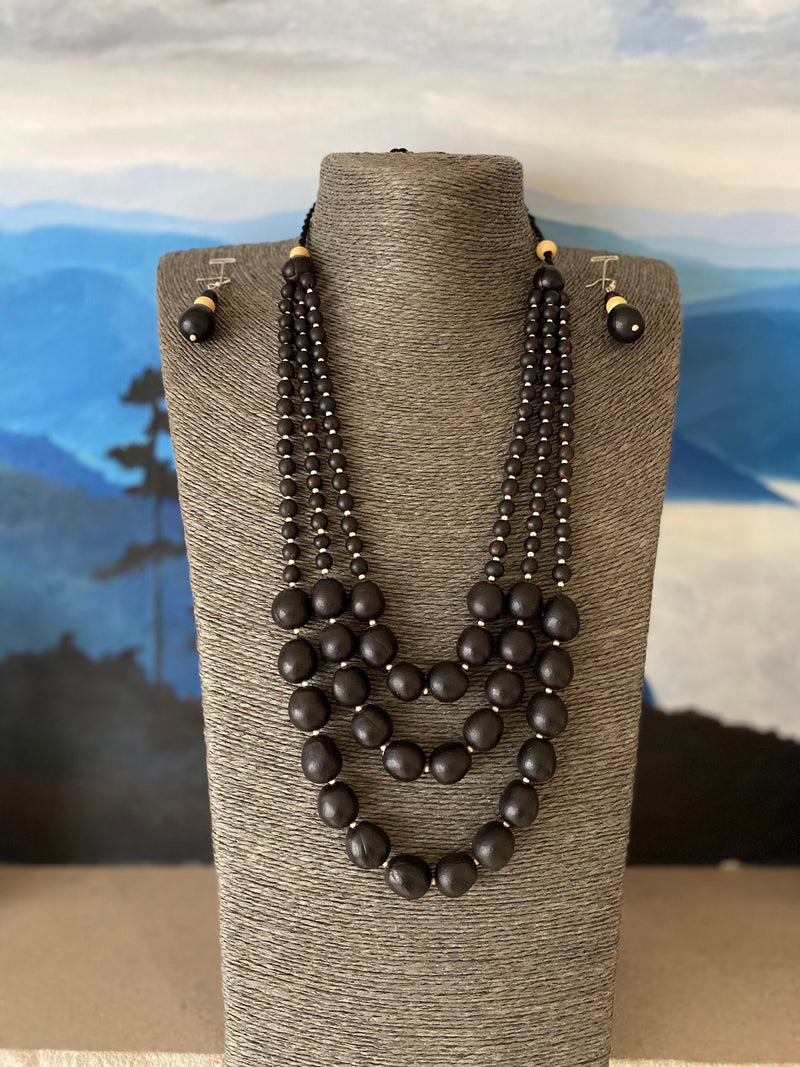 HANDMADE SEED NECKLACE - Royal Black Beaded Necklace, Triple layer Bead Necklace, Large Beaded Necklace, Beaded Seed Necklace, Boho Necklace